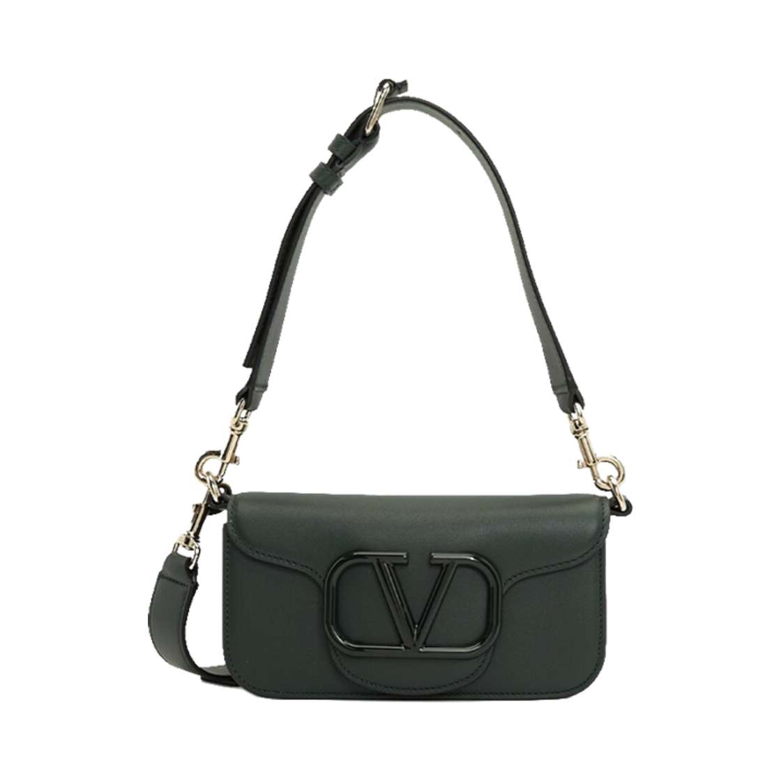 B0B63IEIJT5 Valentino Loco Leather Shoulder Bag Dark Green
