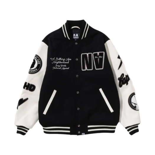 001HJJ221901C BAPE x Neighborhood Varsity Jacket Black - BAPE Exclusive