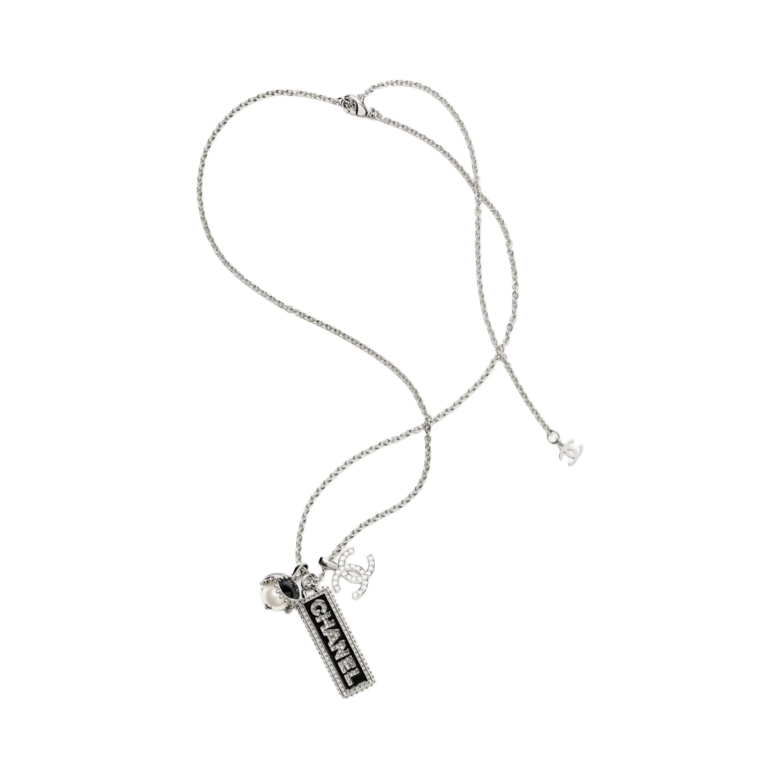 (W) 샤넬 롱 펜던트 네클리스 메탈 이미테이션 펄 스트라스 & 실버 블랙 펄리 화이트 크리스탈