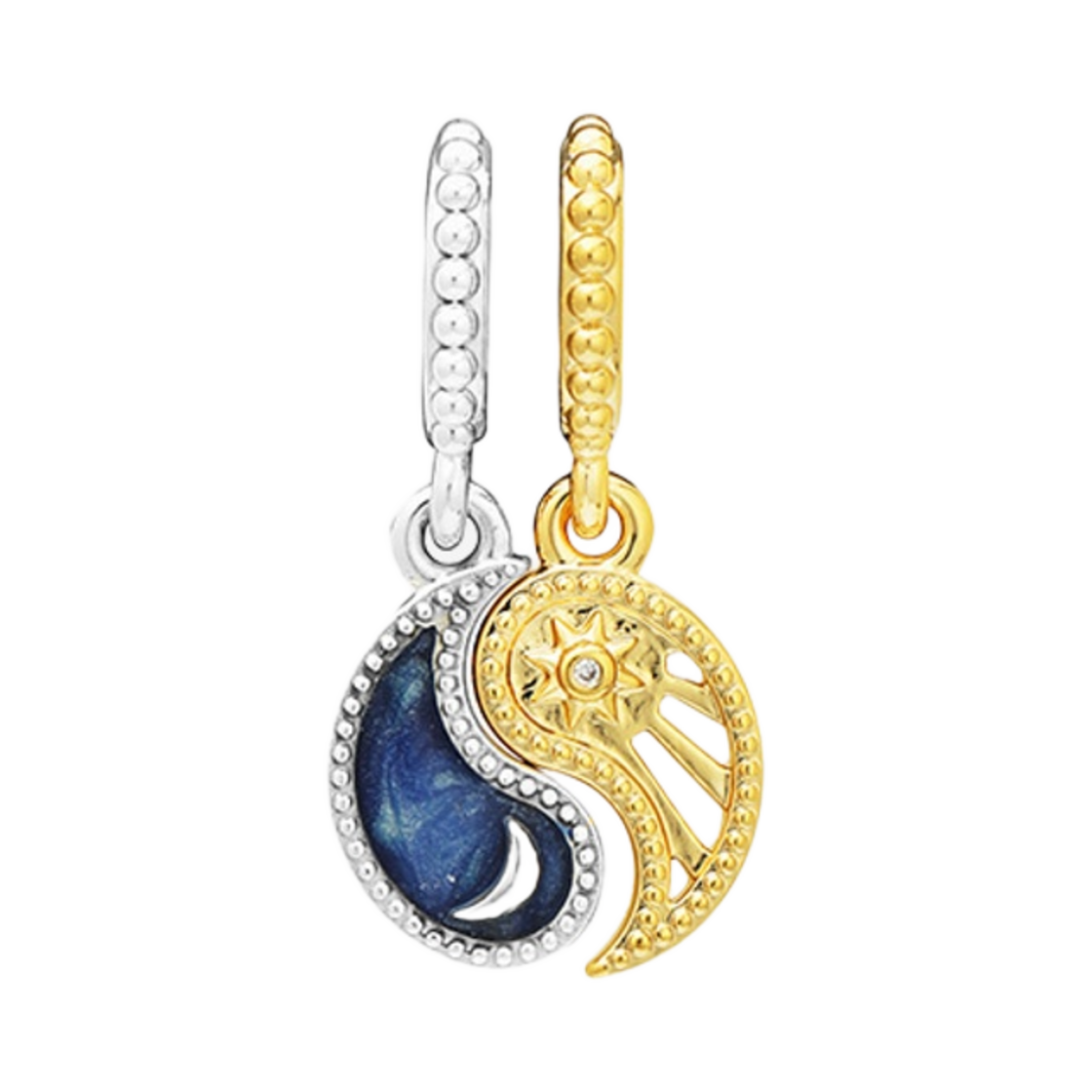 (W) 판도라 투톤 스플릿터블 썬 & 문 댕글 참 스털링 실버 14K 골드 플래팅 블루((W) Pandora Two-Tone Splittable Sun & Moon Dangle Charm Sterling Silver 14K Gold Plated Blue) - 1