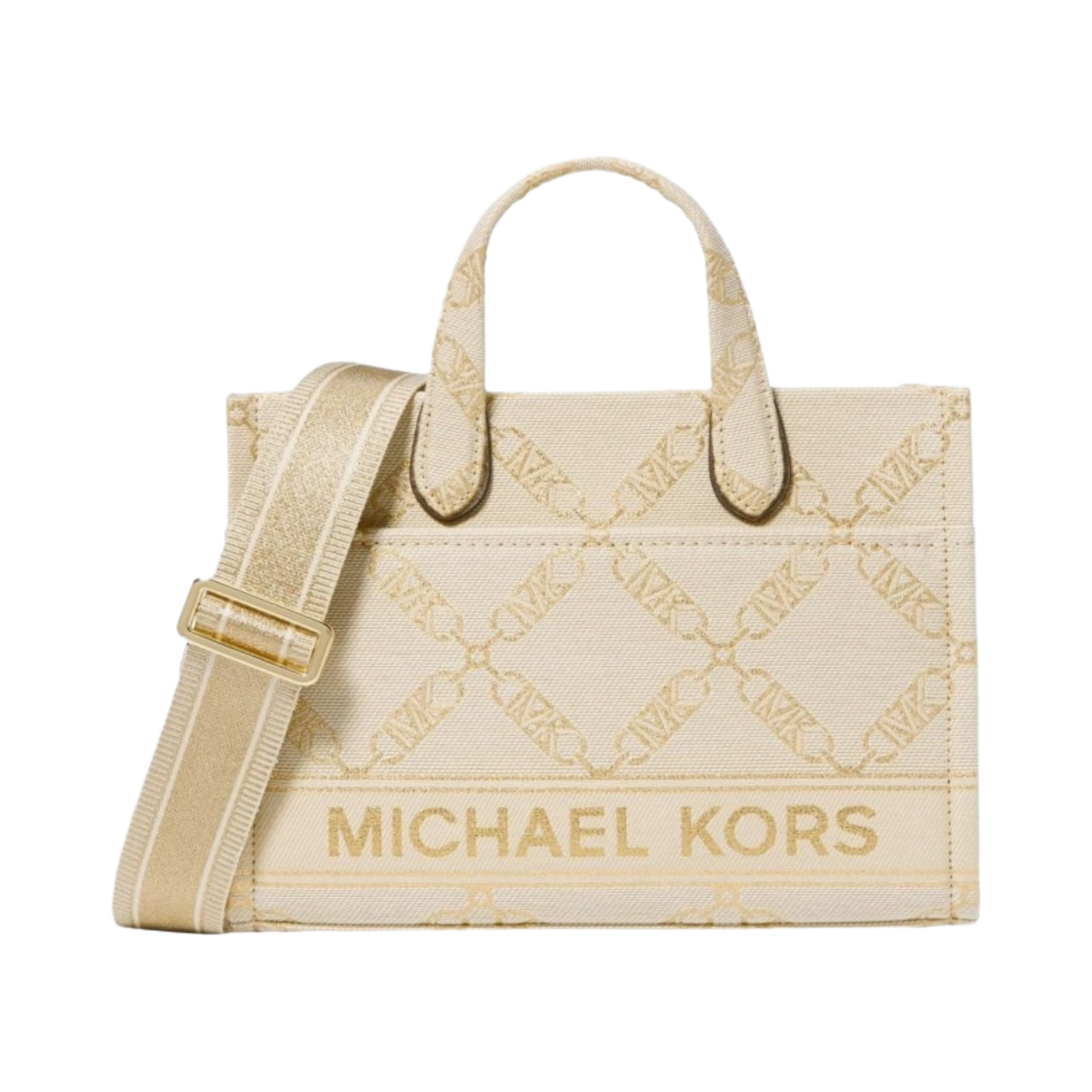 30S3G3GM5I750 Michael Kors Gigi Small Metallic Empire Logo Jacquard Messenger Bag Pale Gold Natural