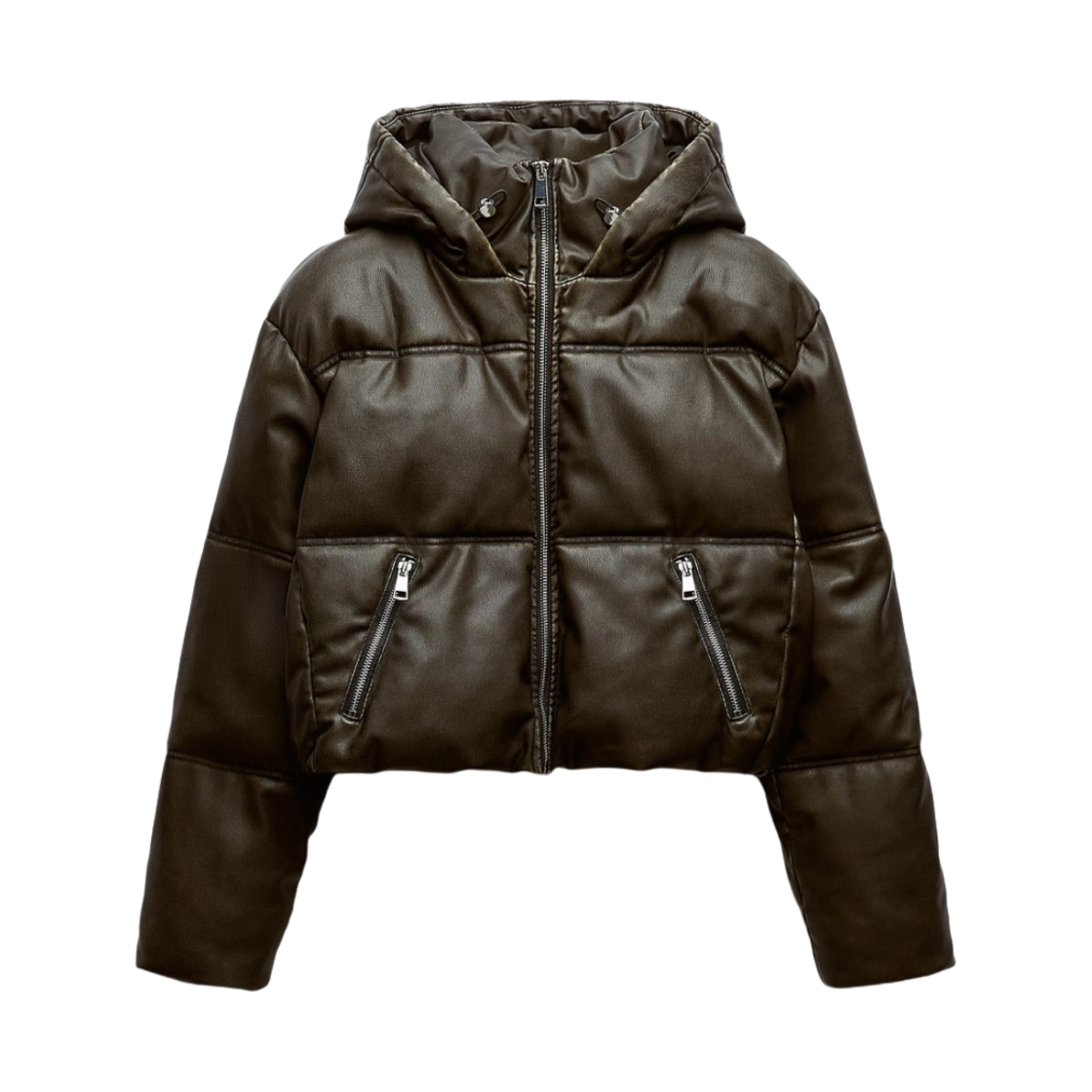 (W) 자라 페이크 레더 크롭 패딩 점퍼 블랙((W) Zara Fake Leather Cropped Puffer Jumper Black) - 1