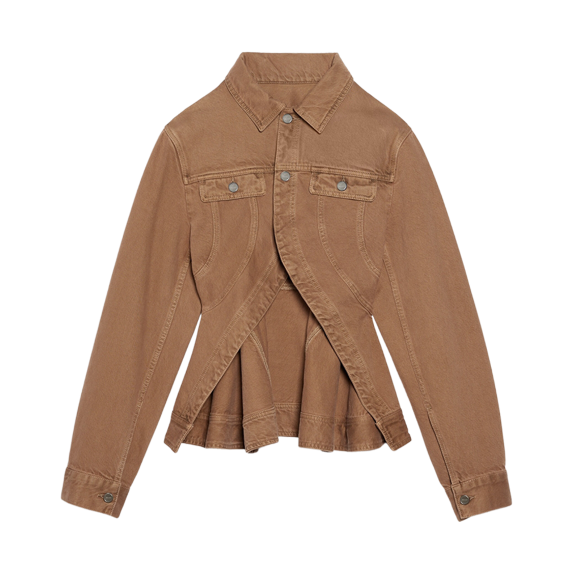 (W) 자크뮈스 라 베스트 드 니메스 카라코 페플럼 데님 자켓 카멜 베이지((W) Jacquemus La Veste De Nimes Caraco Peplum Denim Jacket Camel Beige)