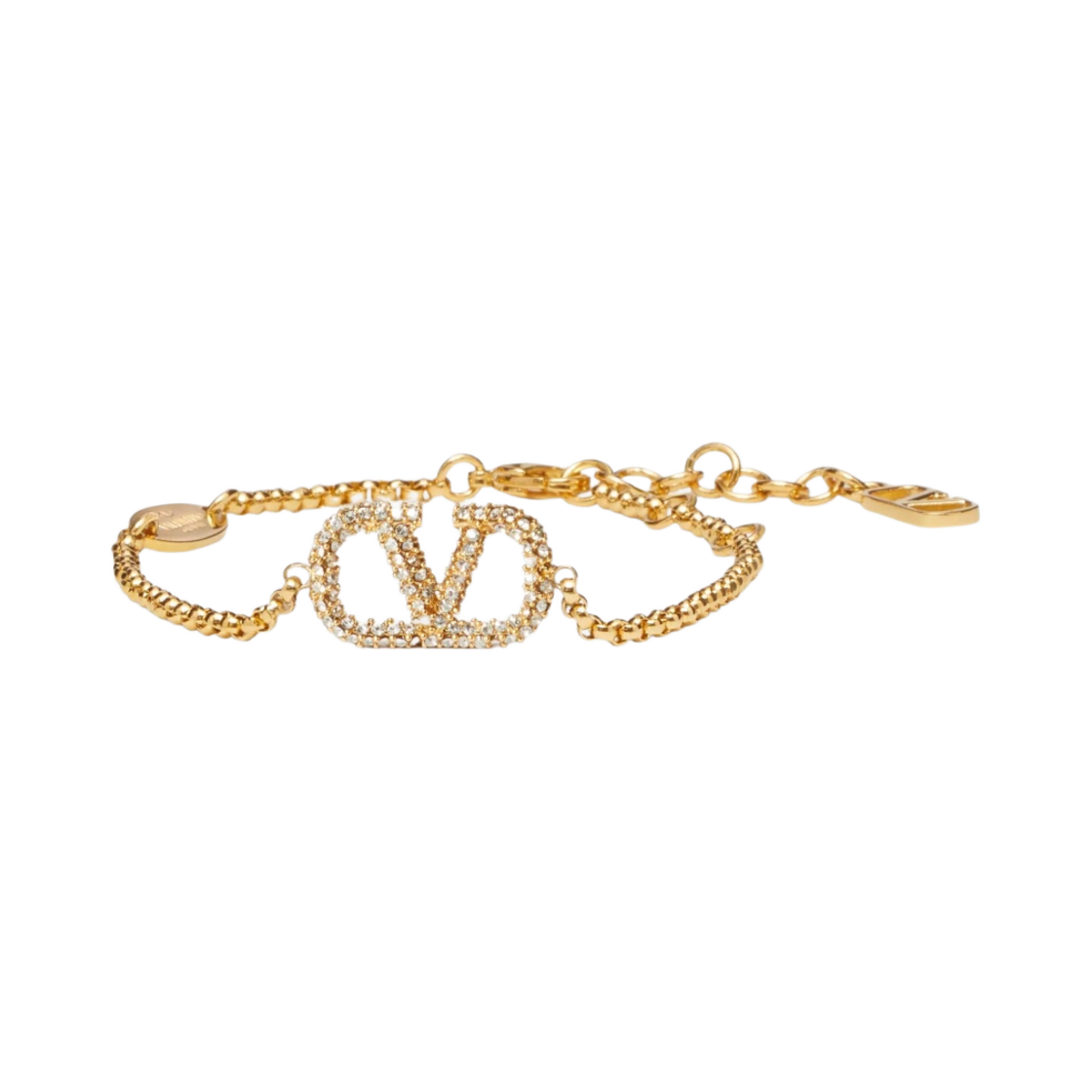 (W) 발렌티노 메탈 스와로브스키 크리스탈 브이로고 시그니쳐 브레이슬릿 골드((W) Valentino Vlogo Signature Bracelet in Metal and Swarovski Crystals Gold)