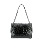 Saint Laurent Black Monogram Niki Large Bag with Silver Chain Strap in Crinkled Vintage Leather Black