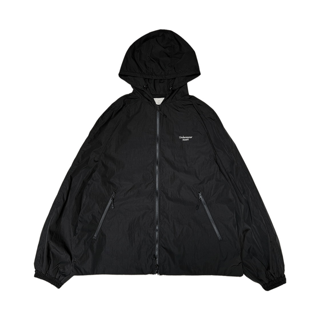 언더마이카 무.105 안티 Fxxking 로고 플레이 레귤러 핏 나일론 윈드브레이커 블랙