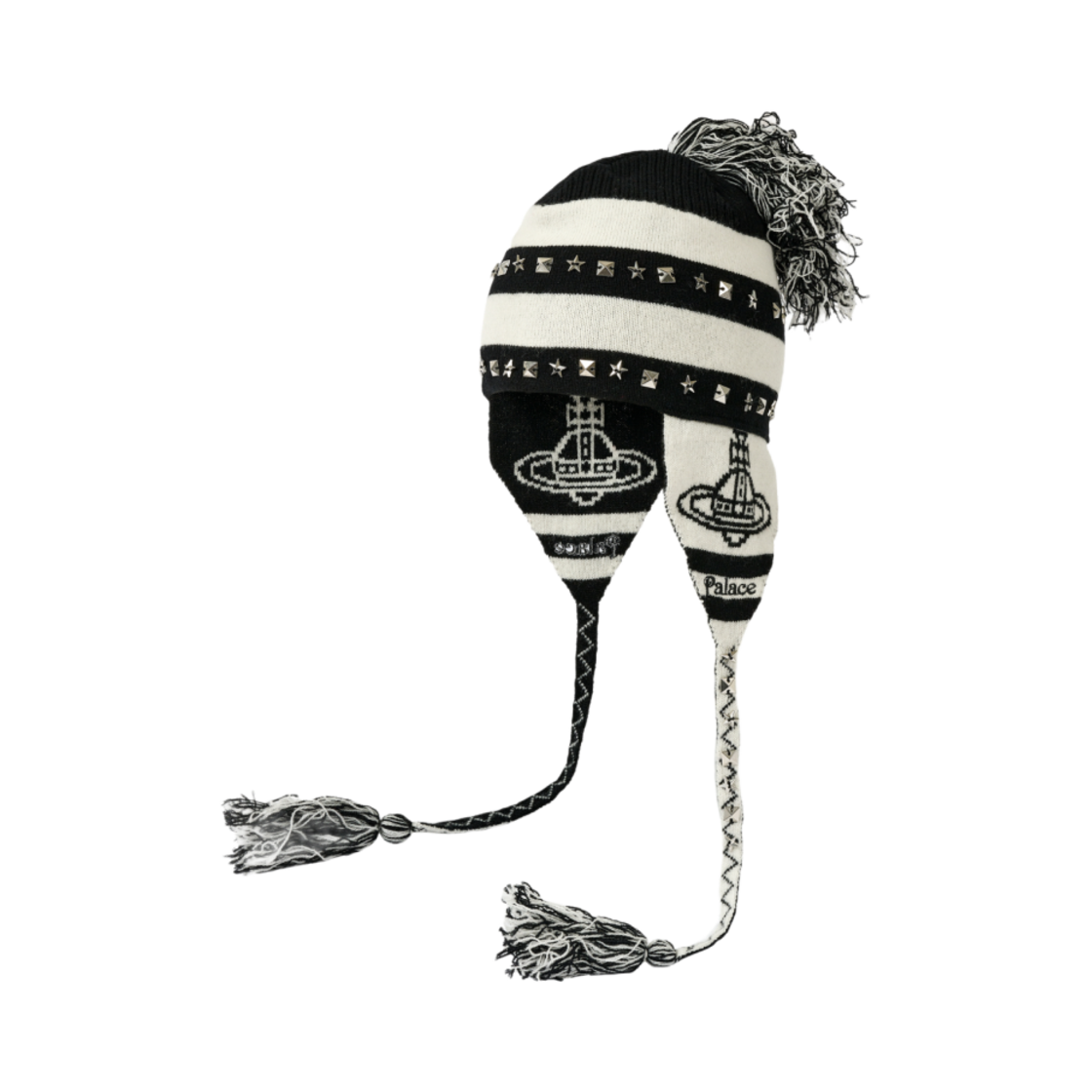 팔라스 x 비비안 웨스트우드 오브 니트 이어플랩 비니 블랙 화이트 - 24FW(Palace x Vivienne Westwood Orb Knit Earflap Beanie Black White - 24FW)