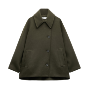 (W) Zara ZW Wool Blend Cropped Coat Olive
