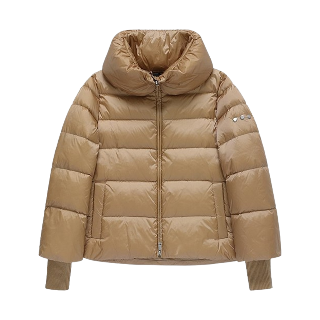 (W) 에드 로고 구스다운 니트 커프스 쇼트 다운 자켓 카멜 라이트((W) Add Logo Goosedown Knit Cuffs Short Down Jacket Camel Light)
