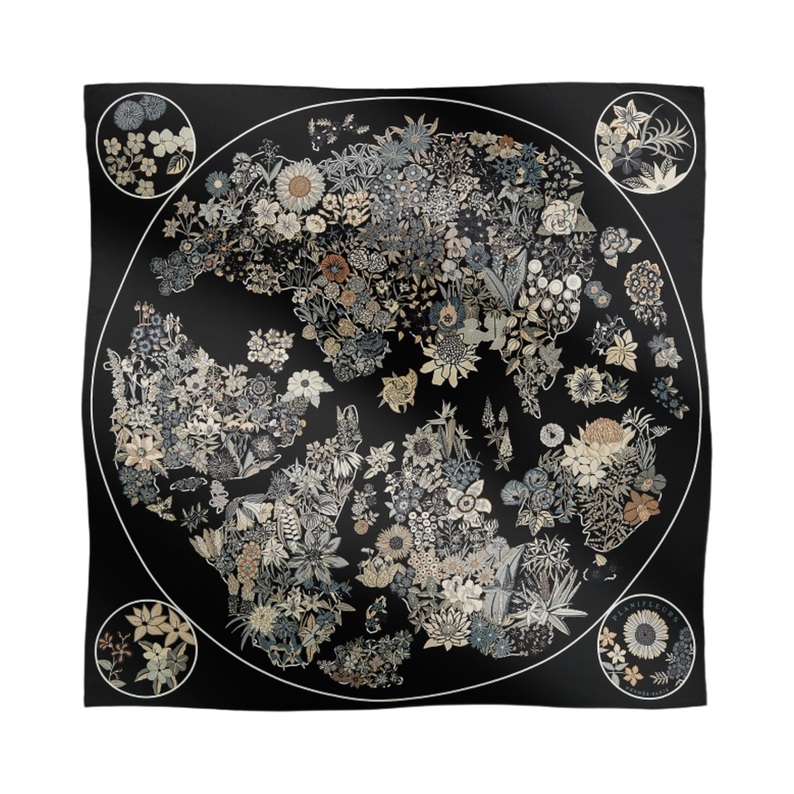(W) 에르메스 플라니플뢰르 스카프 90 누아 그리 파쉐민((W) Hermes Planifleurs Scarf 90 Noir Gris Parchemin)