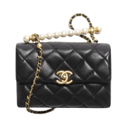 Chanel Mini Flap Bag with Top Handle Shiny Lambskin Imitation Pearls & Gold Black