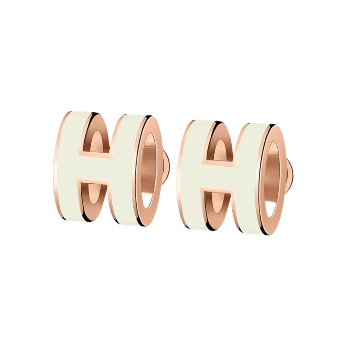 (W) 에르메스 미니 팝아슈 이어링 로즈 골드 하드웨어 & 블랑((W) Hermes Mini Pop H Earrings Rose Gold & Blanc)