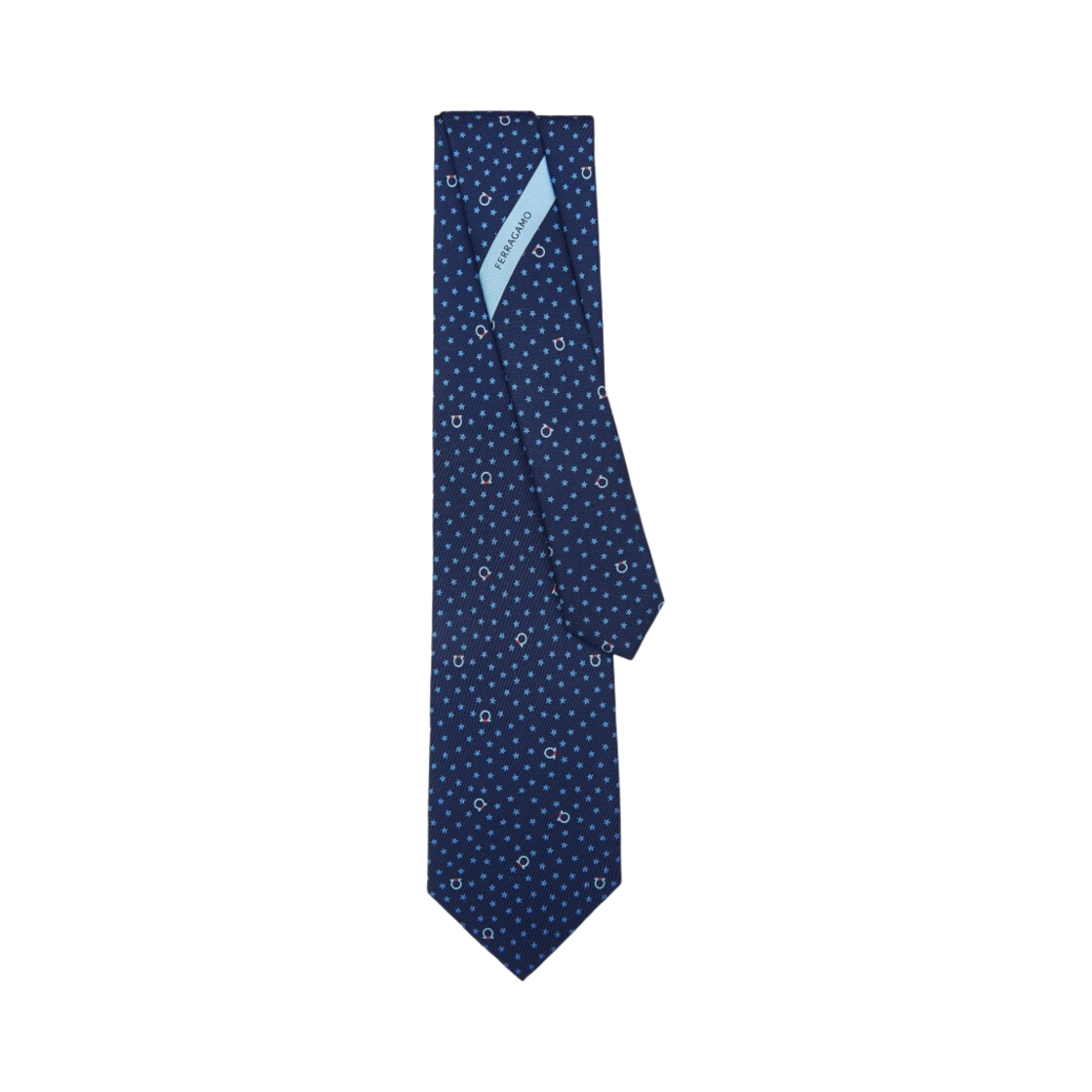 350874-761807 Ferragamo Star Print Silk Tie Navy Blue