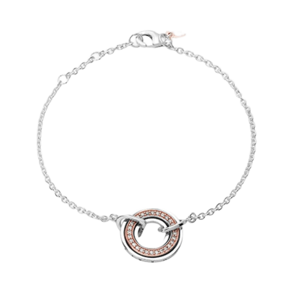 (W) 판도라 시그니처 투톤 로고 & 파베 체인 브레이슬릿 스털링 실버 로즈 골드 플래팅 클리어((W) Pandora Signature Two-Tone Logo & Pave Chain Bracelet Sterling Silver Rose Gold Plated Clear)