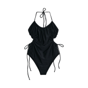 Diagonal Ribbon Shirring Swim Suit Black