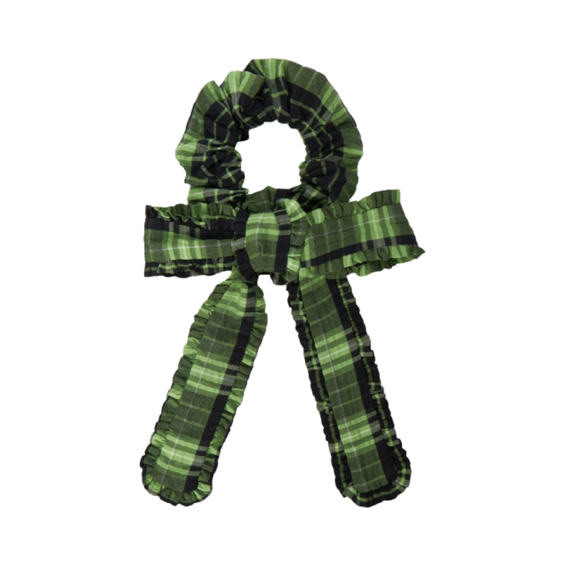 (W) 가니 시어서커 체크 프릴 보우 스크런치 피팟((W) Ganni Seersucker Check Frill Bow Scrunchie Peapod)