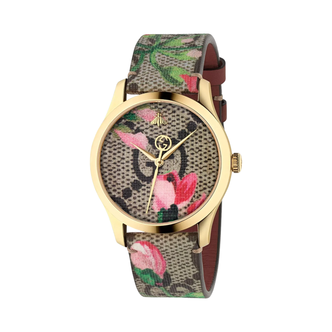 (W) 구찌 G-타임리스 쿼츠 38mm 블라썸 캔버스 골드 브라운((W) Gucci G-Timeless Quartz 38mm Blossom Canvas Gold Brown)
