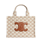 Celine Small Cabas Thais in Textile with Triomphe Canvas Print and Calfskin White