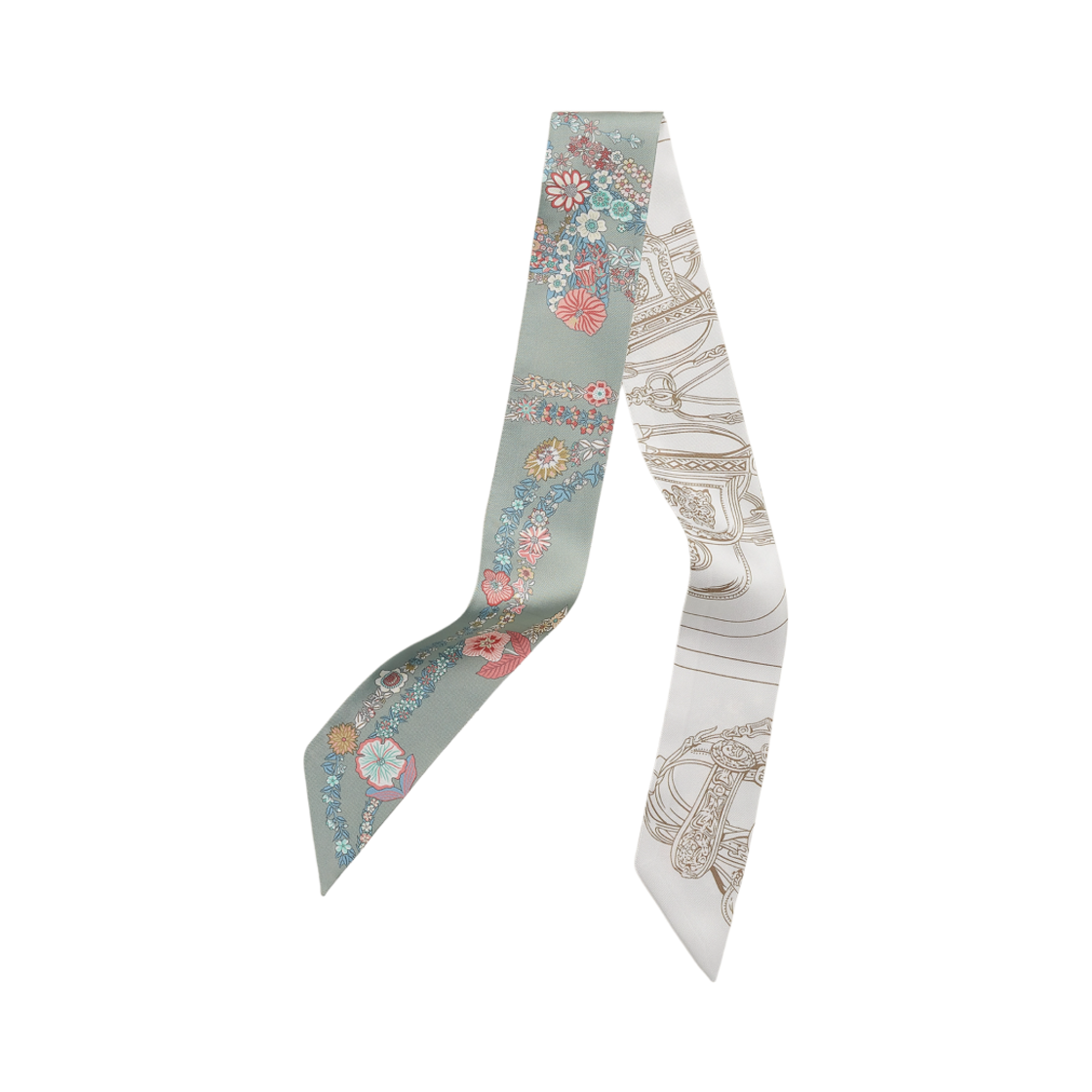 H064220S10 (W) Hermes Brides de Gala en Fleurs Twilly Vert Amande Rose Blanc