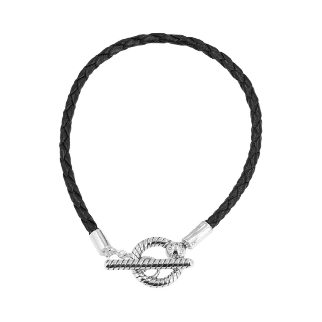 (W) 판도라 모먼트 브레이드 레더 T-바 브레이슬릿 스털링 실버 블랙((W) Pandora Moments Braided Leather T-Bar Bracelet Sterling Silver Black) - 1