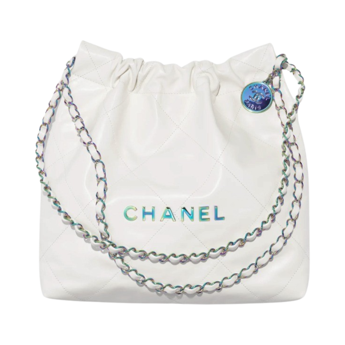 샤넬 22 스몰 핸드백 샤이니 카프스킨 & 레인보우 메탈 화이트(Chanel 22 Small Handbag Shiny Calfskin & Rainbow White) - 1