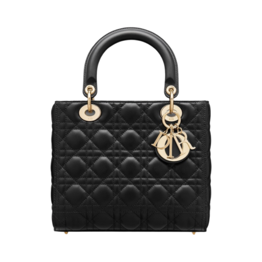 M0565ONGE-M900 Dior Medium Lady Bag Cannage Lambskin Black Gold