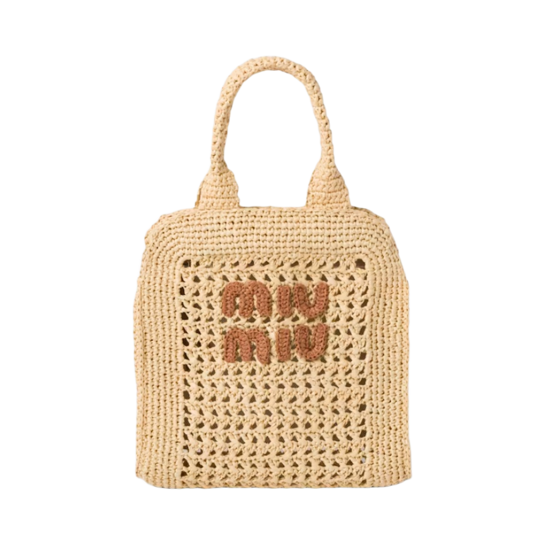 5BA283-2DO1-F0A5T Miu Miu Crochet Raffia Tote Bag Beige Cognac - 대표 이미지 #1