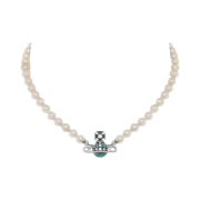 Vivienne Westwood Kitty Pearl Necklace Platinum Crystal Aqua Bohemica