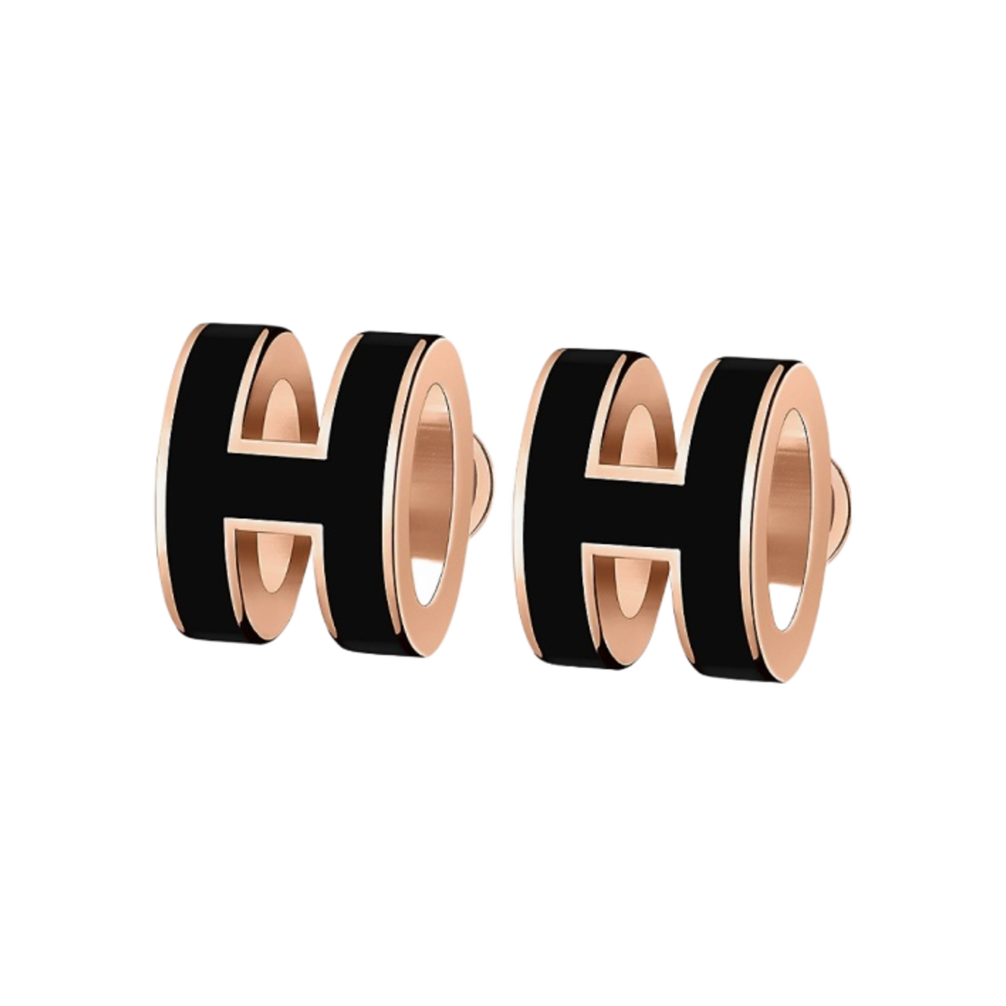 (W) 에르메스 미니 팝아슈 이어링 로즈 골드 하드웨어 & 누아((W) Hermes Mini Pop H Earrings Rose Gold & Noir)