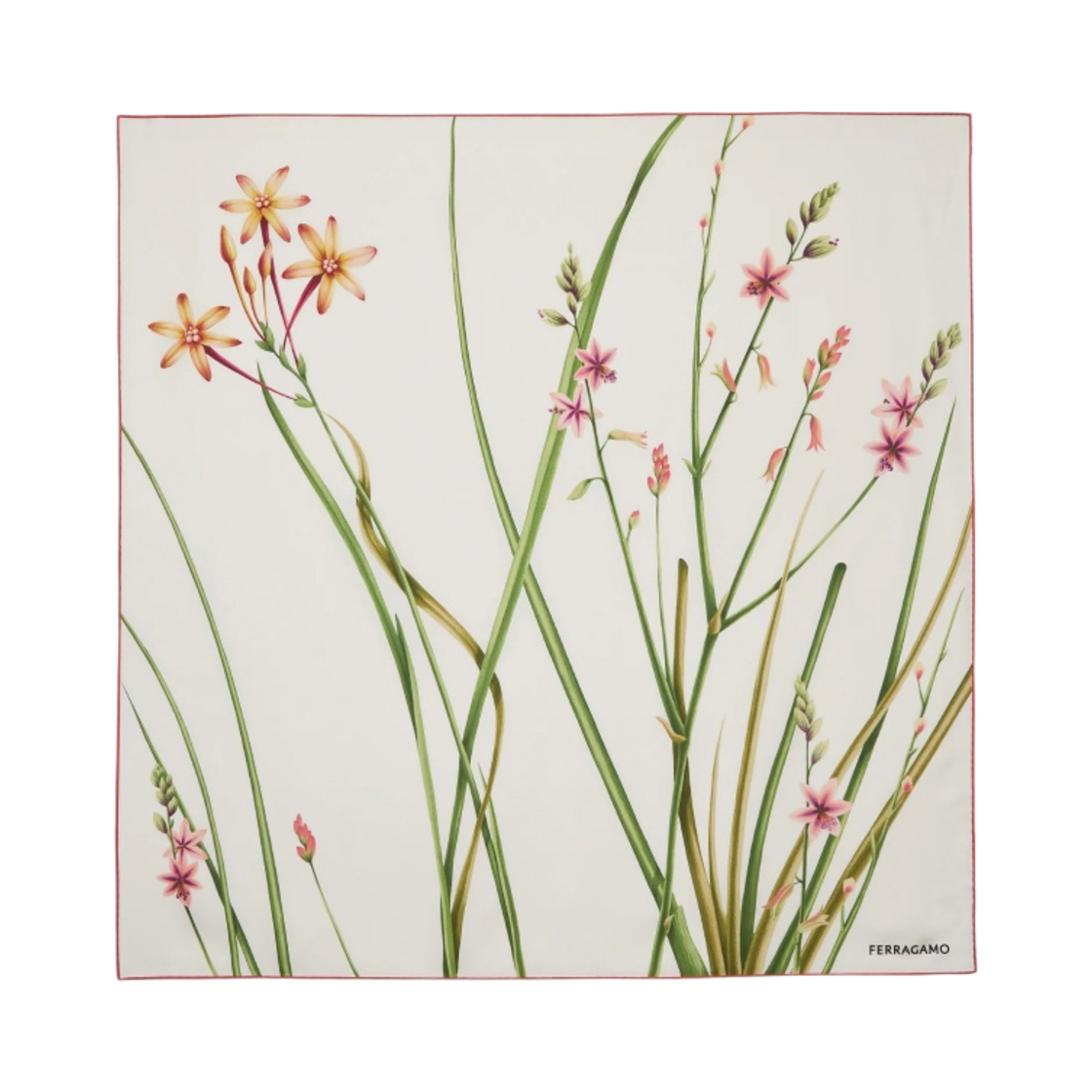 310159-771619 (W) Ferragamo Stem Print Silk Foulard Ivory Pink
