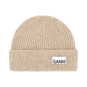 Ganni Wool Blend Ribbed-Knit Beanie Brazilian Sand