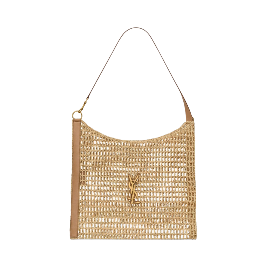 생로랑 옥살리스 라피아 크로셰 및 베지터블 태닝 레더 백 내츄럴 빈티지 브라운 골드