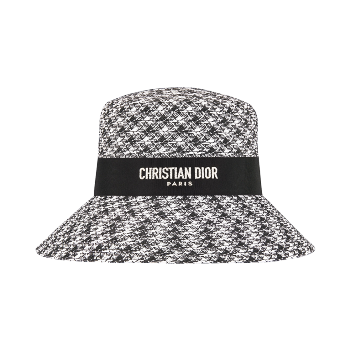 (W) 디올 D-바비 하운드스투스 라지 스몰 버킷햇 블랙 화이트 스트로우((W) Dior D-Bobby Houndstooth Large Brim Hat Black White Straw) - 1