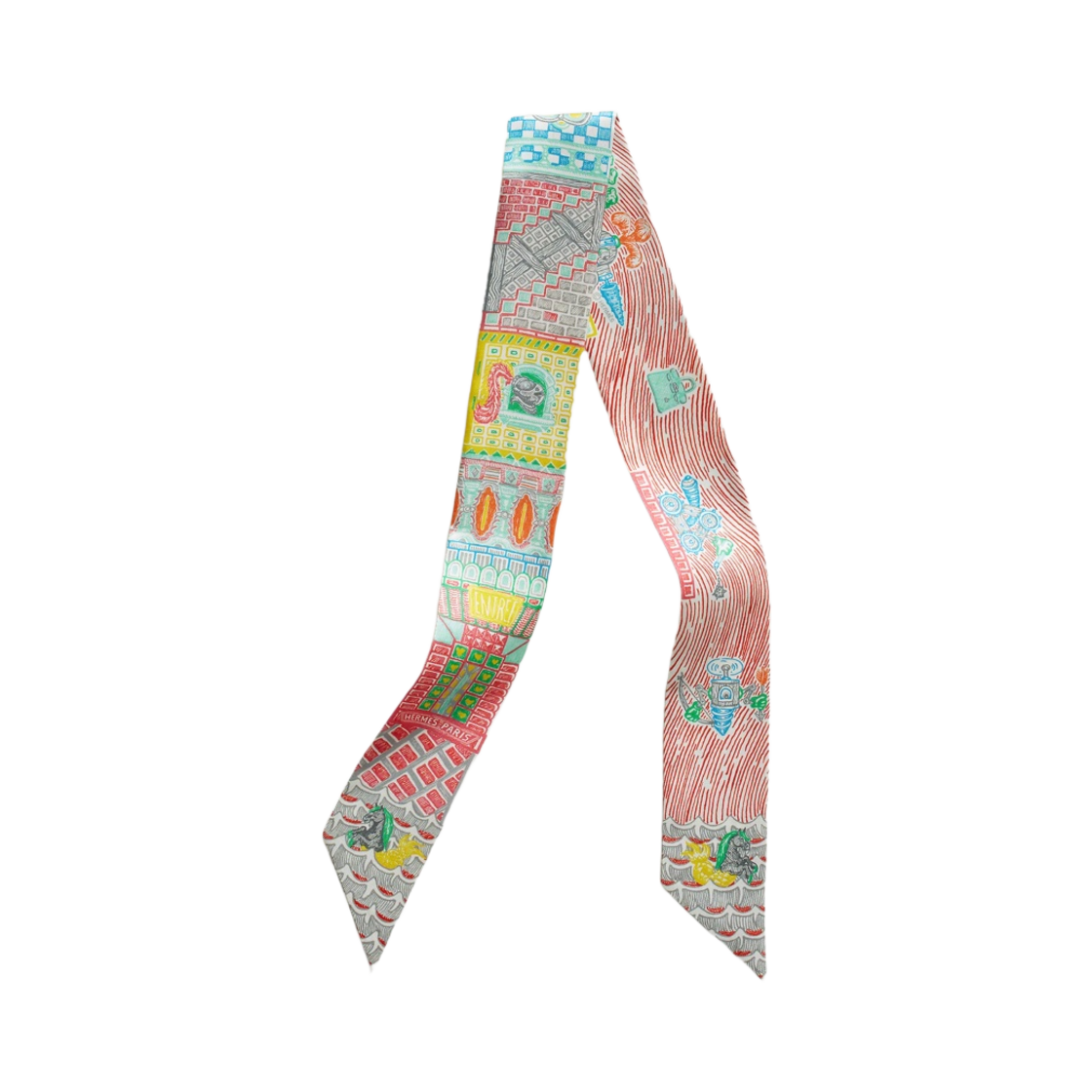 (W) 에르메스 슈퍼 실크 퀘스트 트윌리 죤 비프 베르 로즈 비프((W) Hermes Super Silk Quest Twilly Jaune Vif Vert Rose Vif) - 1
