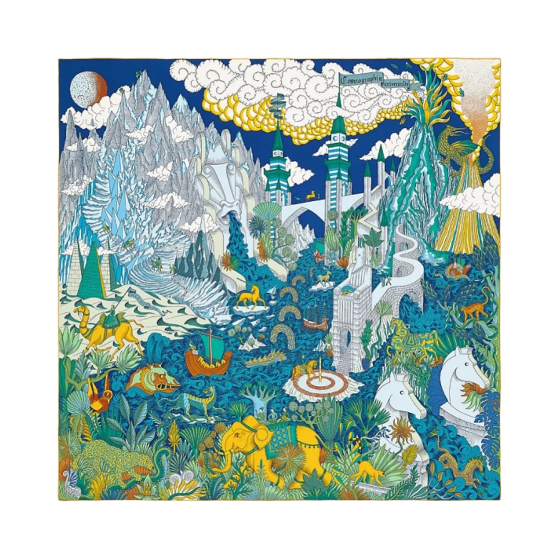 (W) 에르메스 코스모그라피아 유니버셜 스카프 90 블루 뉘 베르 미엘((W) Hermes Cosmographia Universalis Scarf 90 Bleu Nuit Vert Miel) - 1