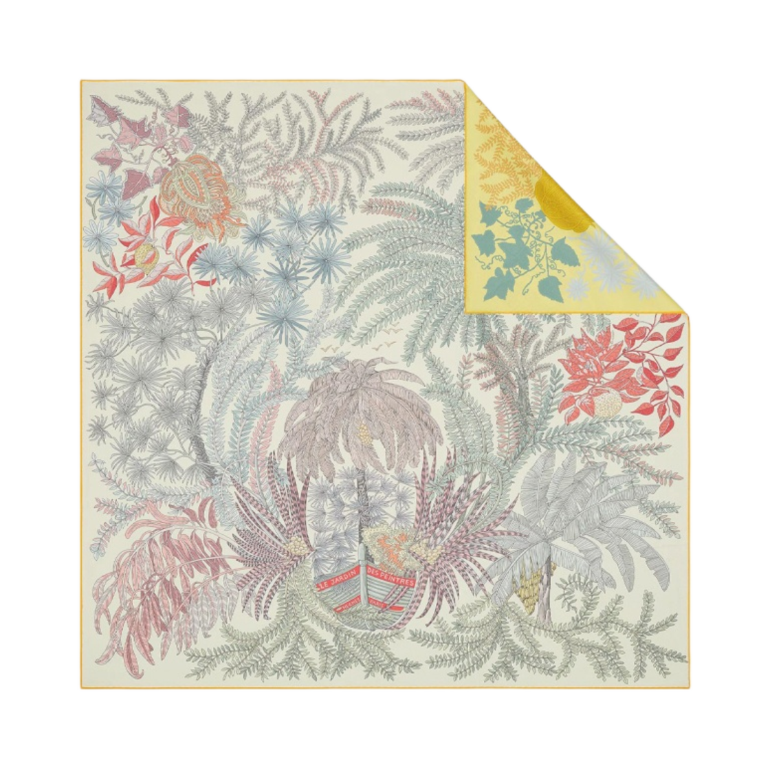 H903908S03 (W) Hermes Le Jardin des Peintres Double Face Scarf 90 Vanille Vert Amande Corail