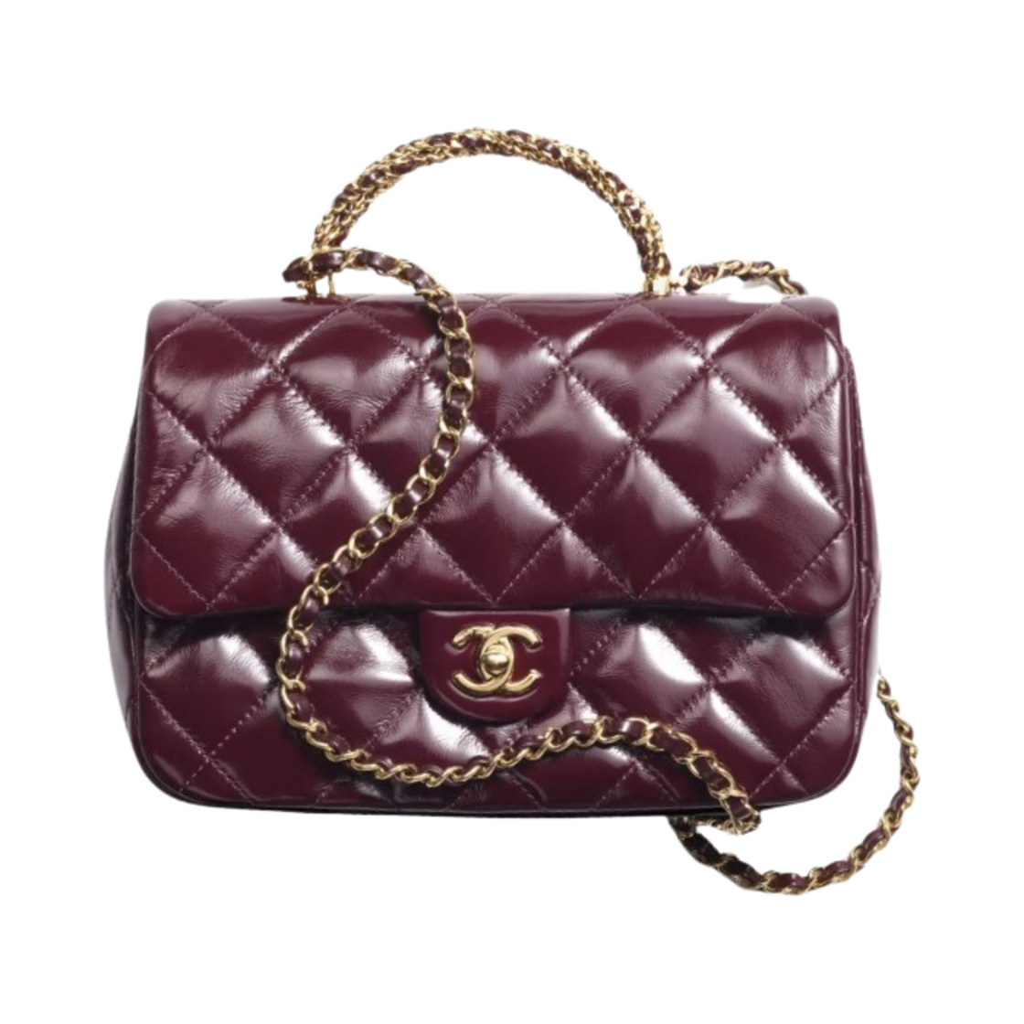 샤넬 핸들 장식의 미니 플랩 백 샤이니 램스킨 & 골드 메탈 버건디