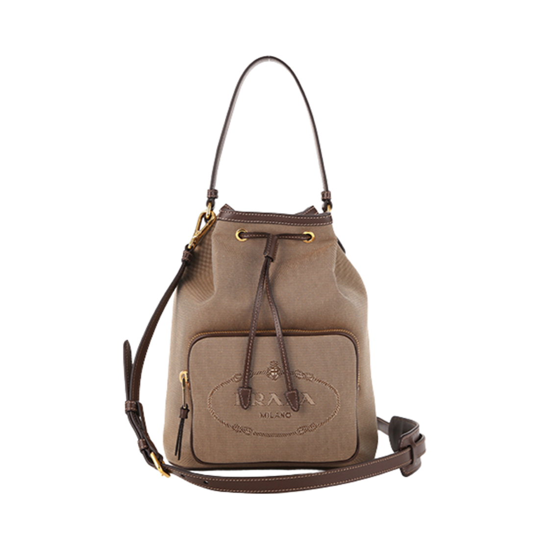 1BH097-UCW-F0B16 Prada Jacquard Trim Ribbon Bucket Bag Beige