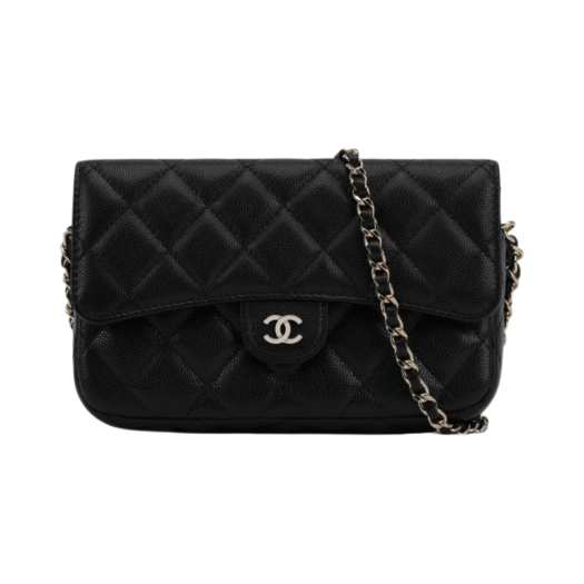 Chanel Flap Phone Holder with Classic Chain Grained Calfskin & Gold Black