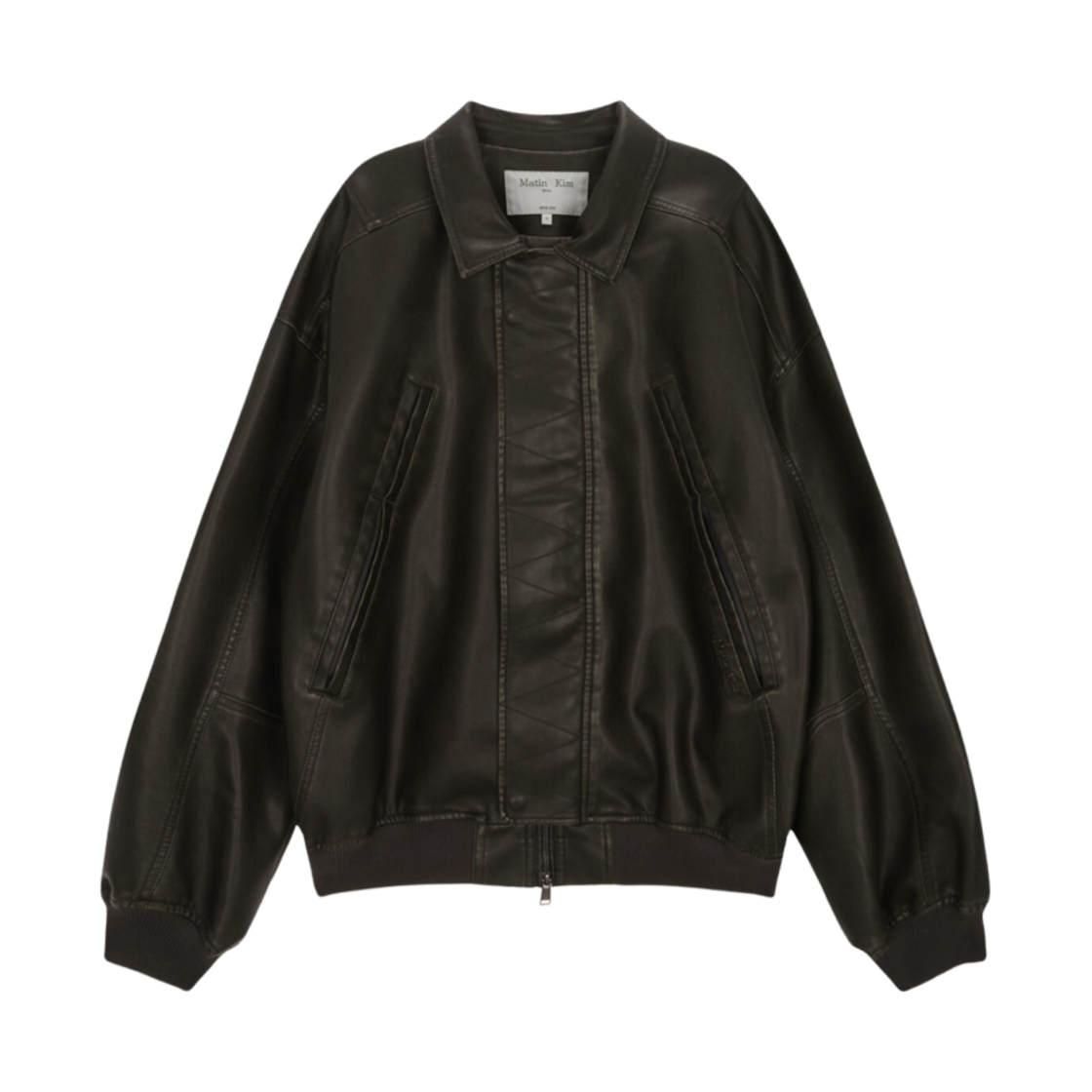 마뗑킴 백 프린팅 워시드 레더 점퍼 카키 브라운(Matin Kim Back Printing Washed Leather Jumper in Khaki Brown) - 1