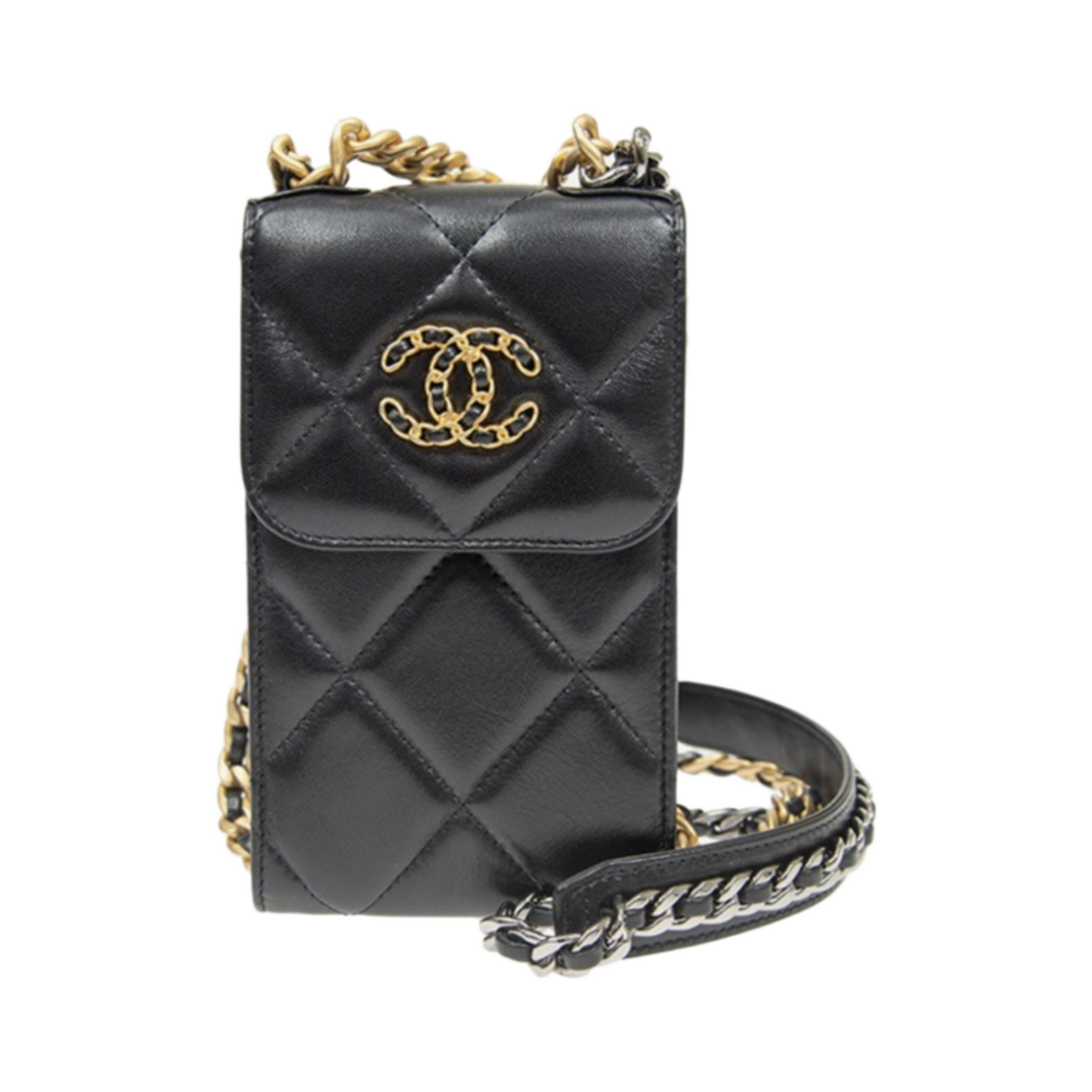 AP1773-B04852-94305 Chanel 19 Phone Holder with Chain Lambskin & Gold Black