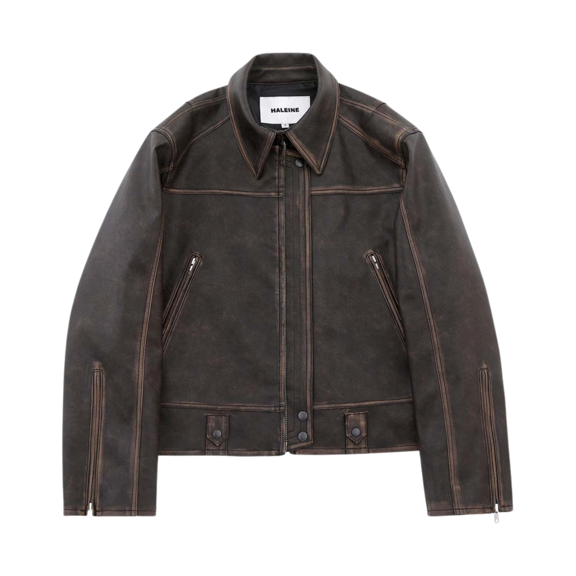 알렌느 3D 디스트레스드 포우 레더 자켓 브라운(Haleine 3D Distressed Faux Leather Jacket Brown (VJ302))