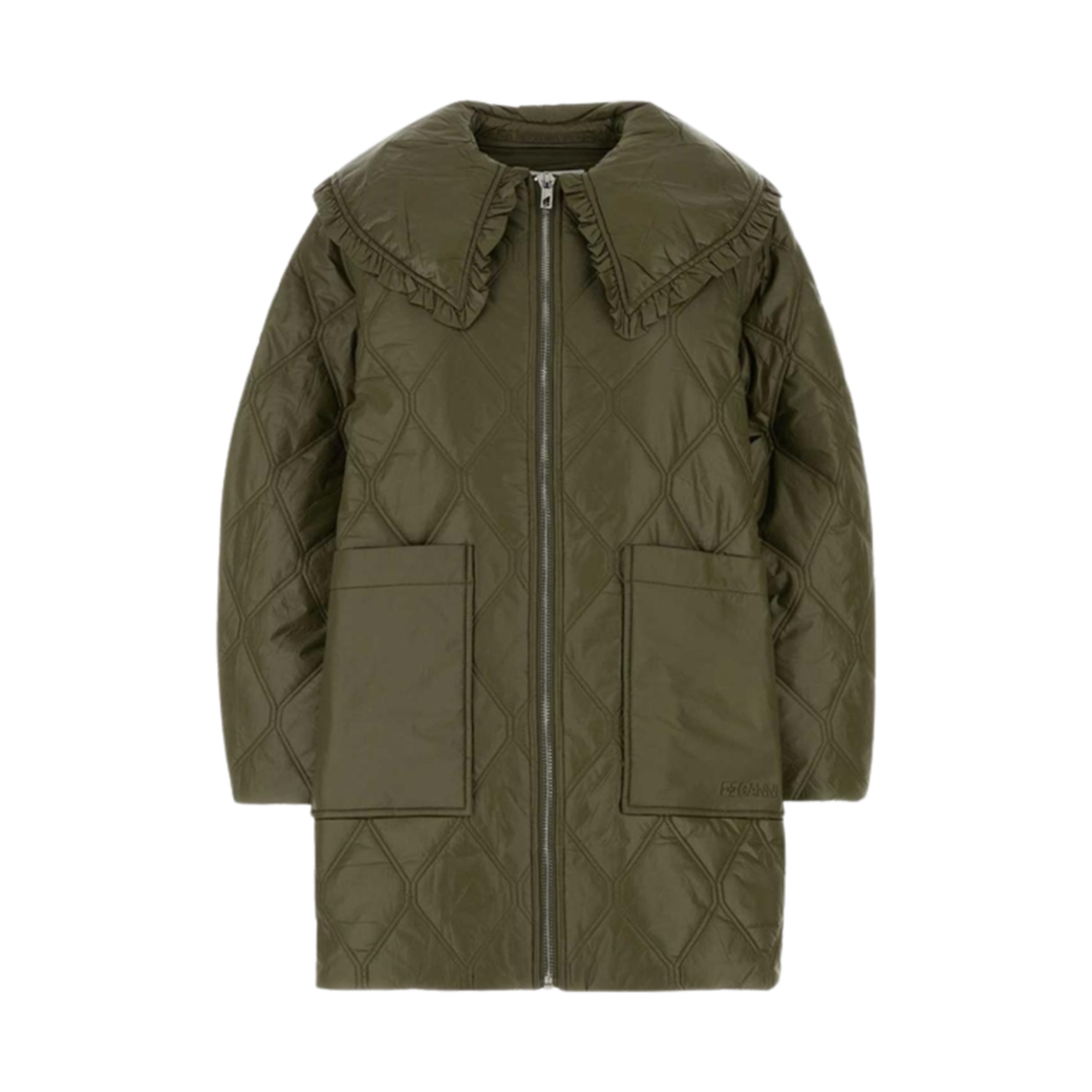 (W) 가니 러플 칼라 샤이니 퀼트 미디 자켓 아미 그린((W) Ganni Ruffle Collar Shiny Quilt Midi Jacket Army Green) - 1