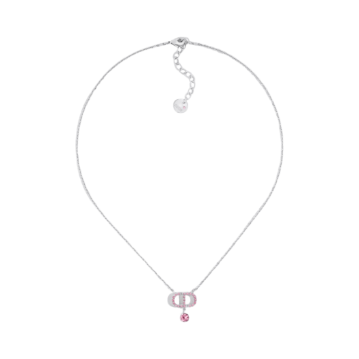 (W) Dior Petit Cd Necklace Palladium Finish Metal Pink Crystal