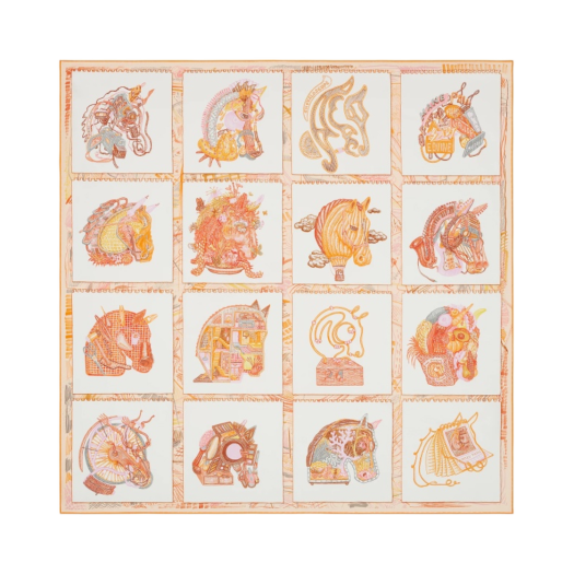(W) Hermes Chevaloscope Scarf 90 Blanc Orange Parme