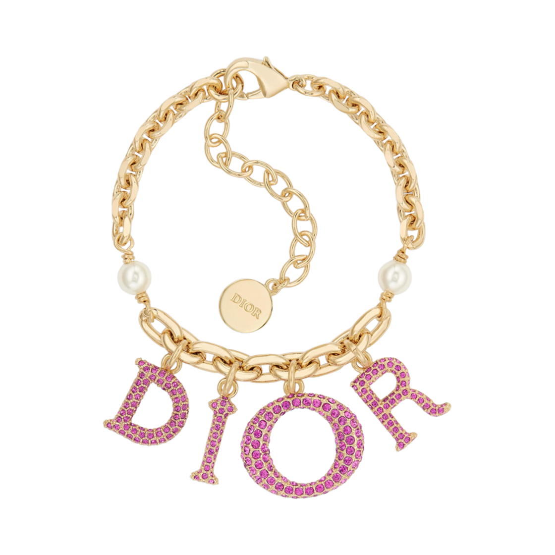 (W) 디올 레이디 디올 브레이슬릿 골드 피니쉬 메탈 화이트 레진 펄 푸시아 크리스탈((W) Dior Lady Dior Bracelet Gold Finish Metal White Resin Pearls Fuchsia Crystals) - 1