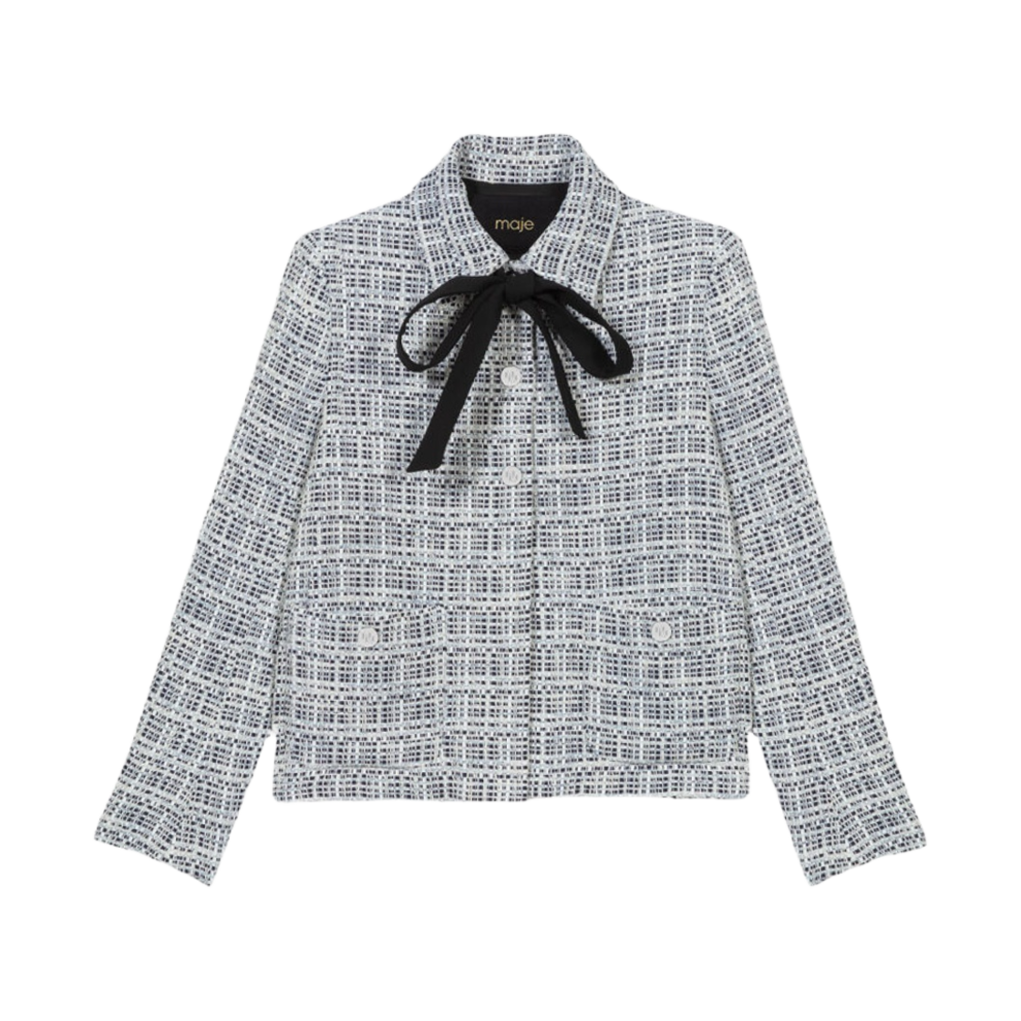 (W) 마쥬 트위드 룩 위드 보우 자켓 블루((W) Maje Tweed Look with Bow Jacket Blue)