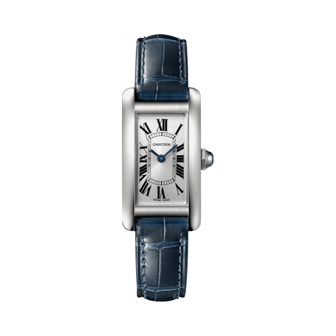 WSTA0043 Cartier Tank Americaine Watch Small Quartz Steel Shiny Alligator Skin Navy Blue