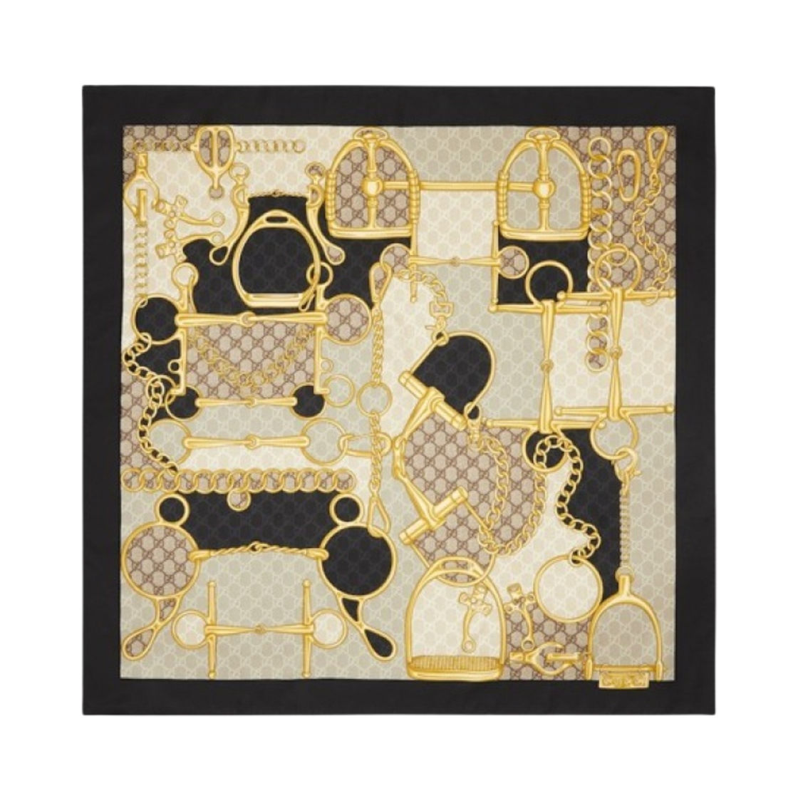 764655-3G001-1079 (W) Gucci GG Horsebit Silk Scarf Black Beige