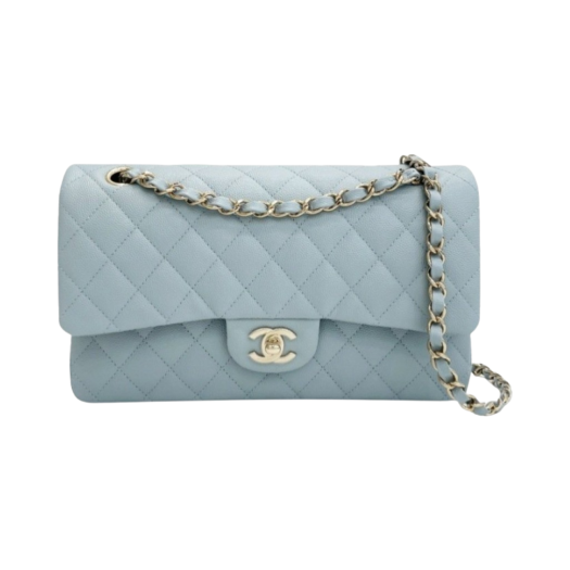 Chanel Medium Classic Handbag Grained Calfskin & Gold Light Blue